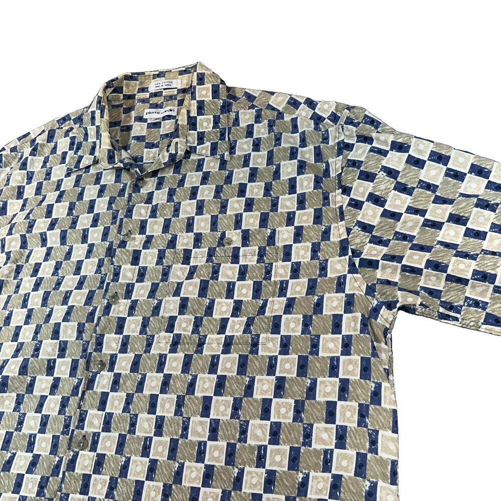 Pierre Cardin Button-Up Shirt Mens XLT Tall Geometric Blue/Beige Cotton Pockets